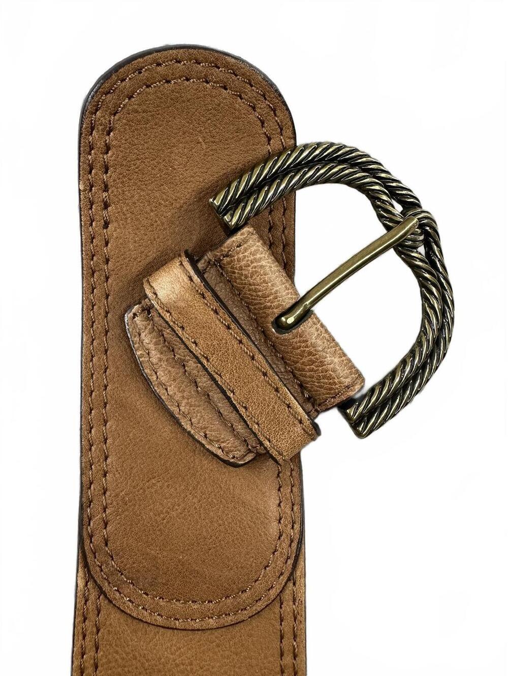 Chico's Wide Tan Leather Belt with Antique Brass Buckle - Picture 2 of 6